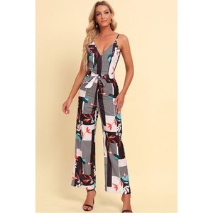 NWT Printed Spaghetti Strap Tied Jumpsuit